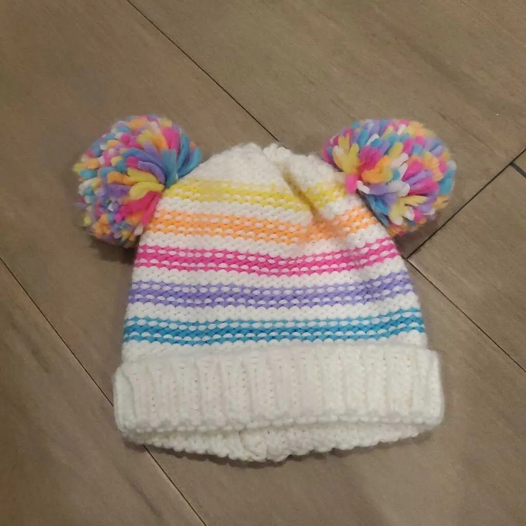 Cream stripe colorful tuque with pom poms 2-4T