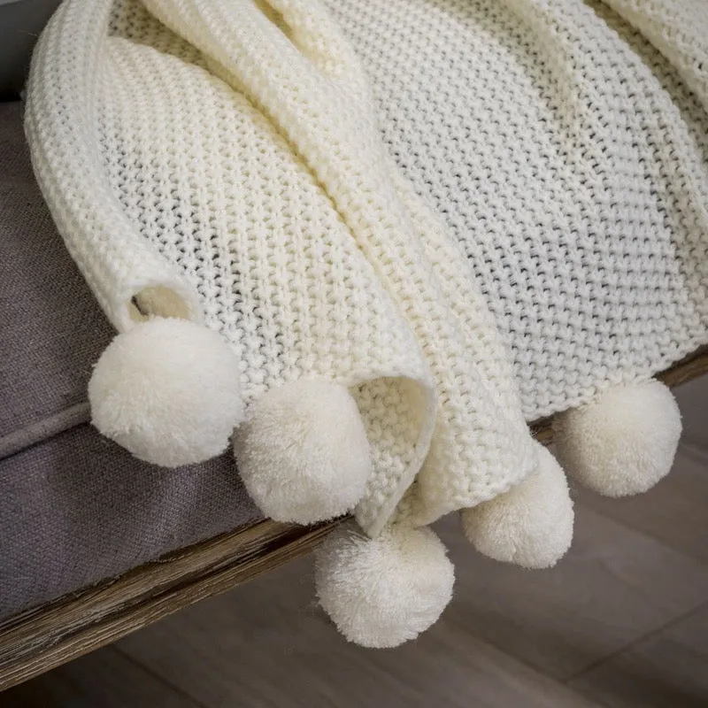 Large Ivory Pom Pom Knitted Throw