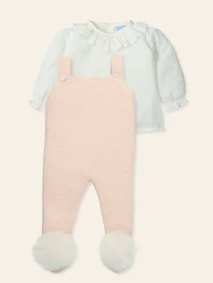 Mac Ilusion Blouse & nude pink knitted dungaree with fur poms