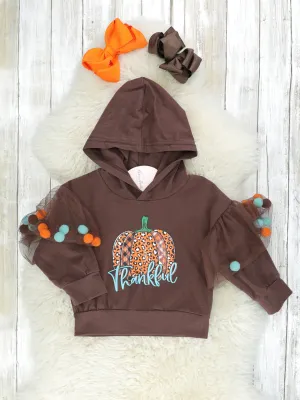 "Thankful" Leopard Pumpkin Pom Pom Hoodie